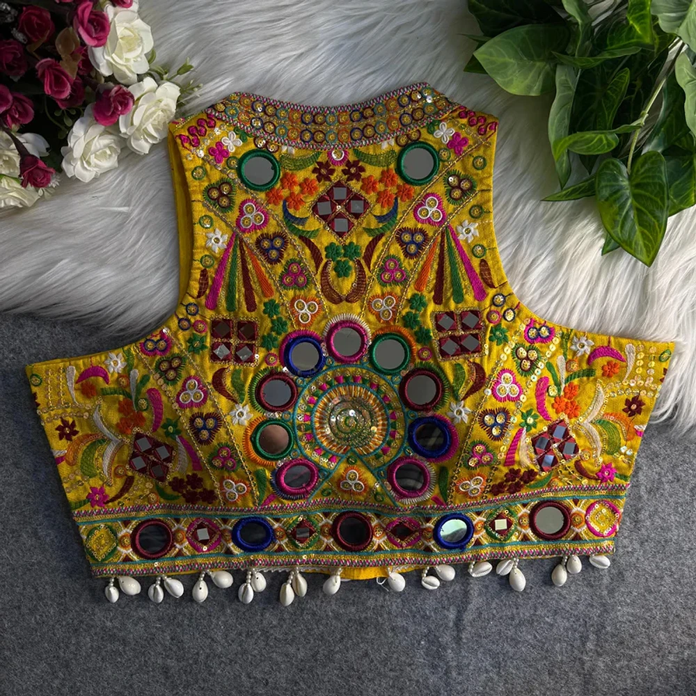 Yellow Sleeveless Navratri Mirror Work Front-Open Halter Blouse — view 2