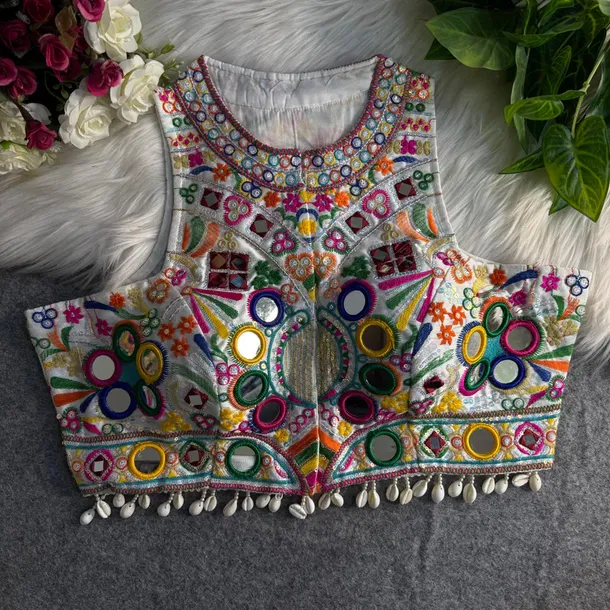 White Sleeveless Navratri Mirror Work Front-Open Blouse