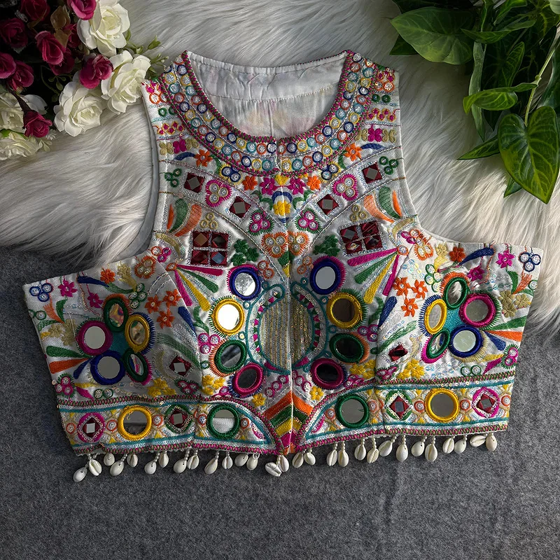 White Sleeveless Navratri Mirror Work Front-Open Halter Blouse — view 1