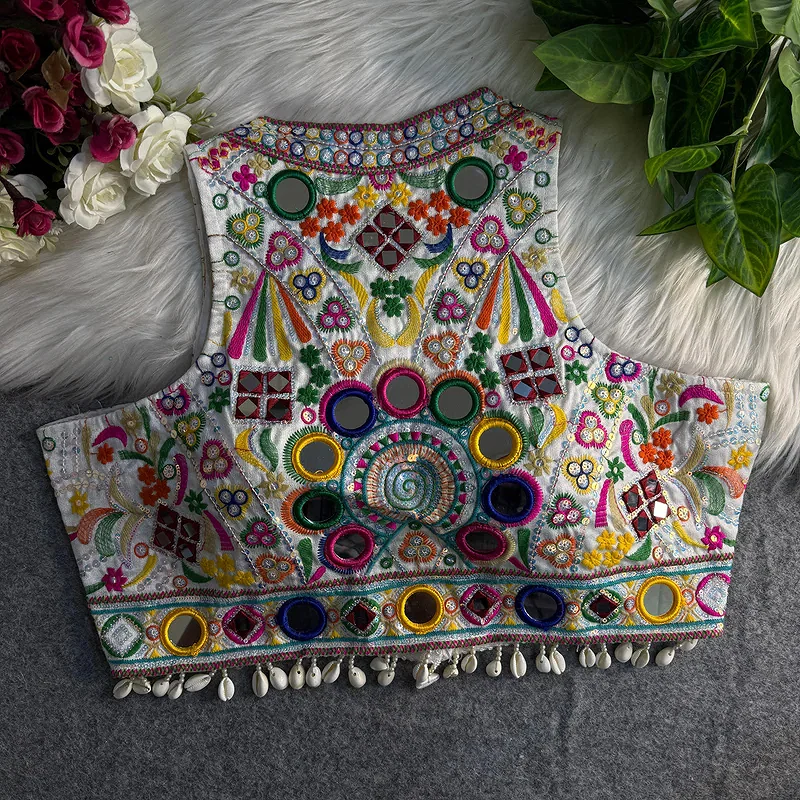 White Sleeveless Navratri Mirror Work Front-Open Halter Blouse — view 2