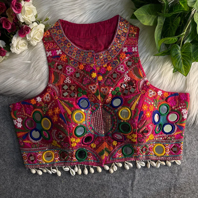 Rani Sleeveless Navratri Mirror Work Front-Open Halter Blouse — view 1