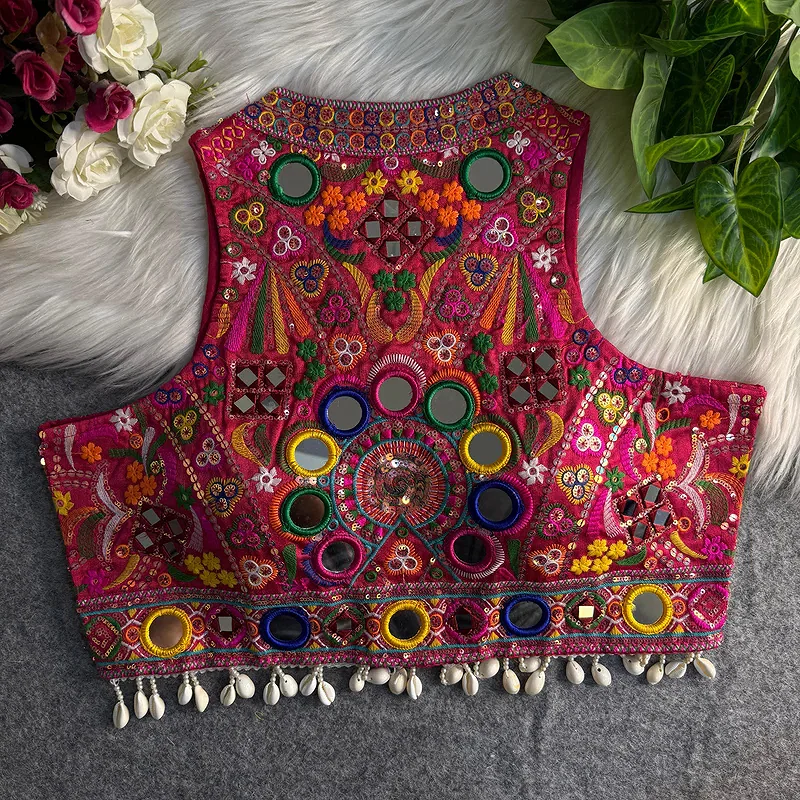 Rani Sleeveless Navratri Mirror Work Front-Open Halter Blouse — view 2