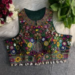 Bottle Green Sleeveless Navratri Mirror Work Front-Open Blouse