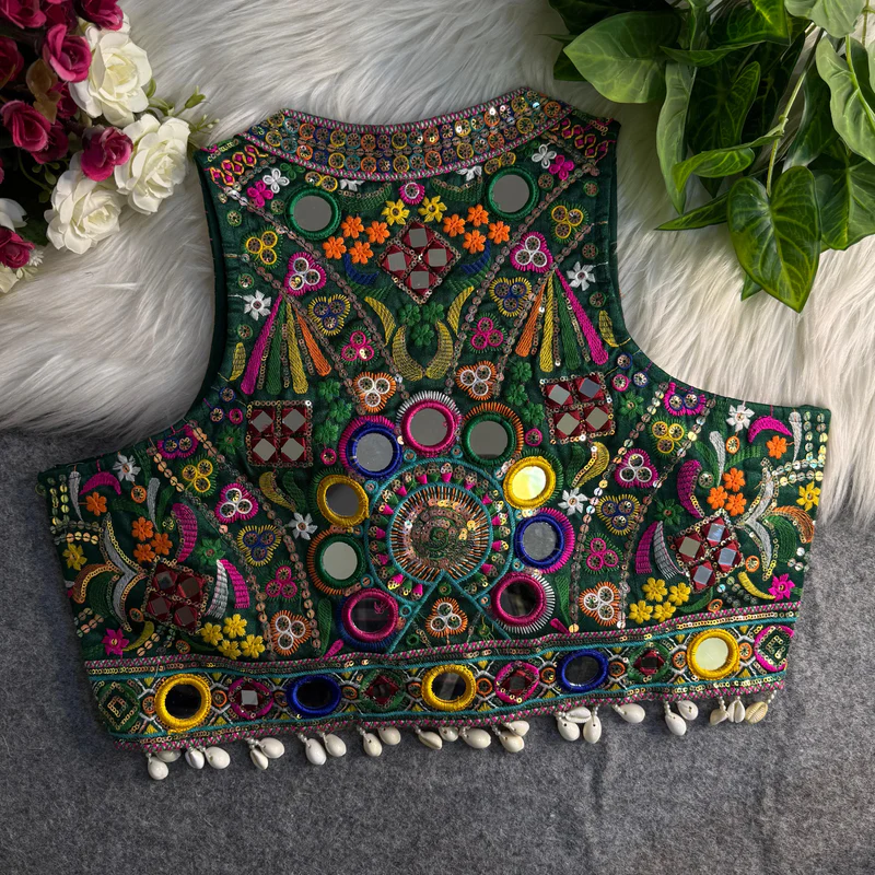 Bottle Green Sleeveless Navratri Mirror Work Front-Open Blouse
