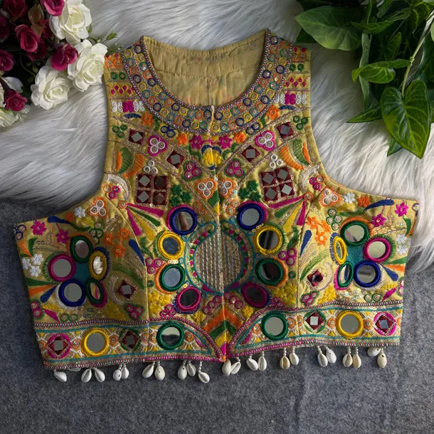 Gold Sleeveless Navratri Mirror Work Front-Open Blouse