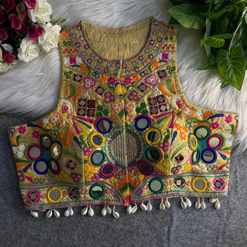 Gold Sleeveless Navratri Mirror Work Front-Open Halter Blouse — view 1