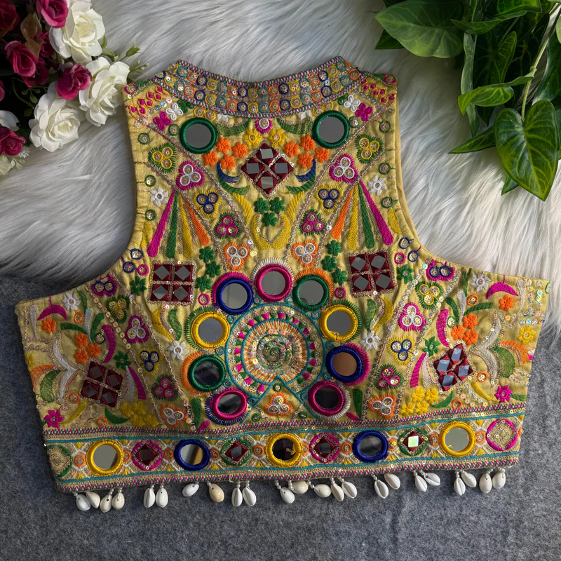 Gold Sleeveless Navratri Mirror Work Front-Open Blouse