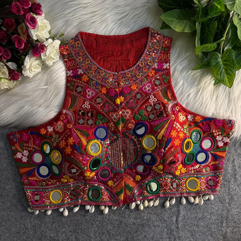 Red Sleeveless Navratri Mirror Work Front-Open Blouse — view 1