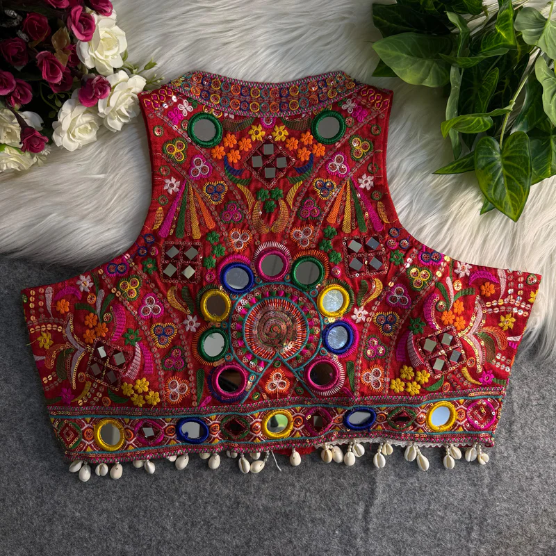 Red Sleeveless Navratri Mirror Work Front-Open Blouse