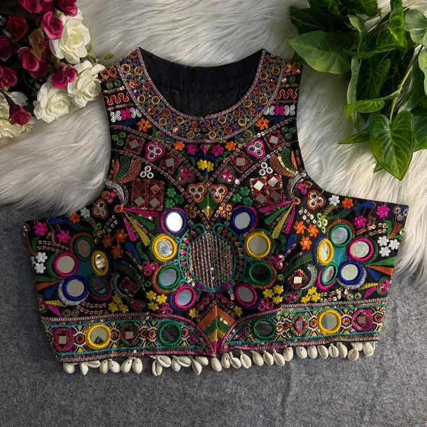 Black Sleeveless Navratri Mirror Work Front-Open Blouse