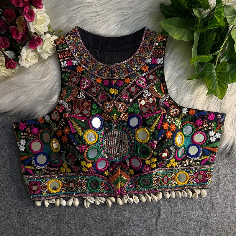 Black Sleeveless Navratri Mirror Work Front-Open Halter Halter Blouse — view 1