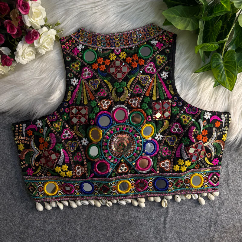 Black Sleeveless Navratri Mirror Work Front-Open Blouse