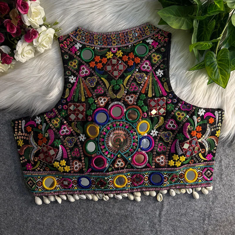 Black Sleeveless Navratri Mirror Work Front-Open Halter Halter Blouse — view 2