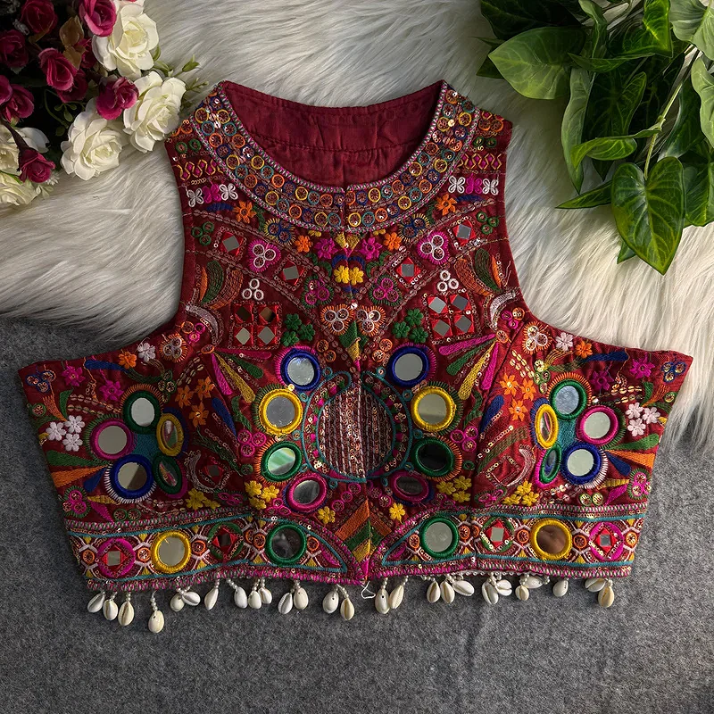 Maroon Sleeveless Navratri Mirror Work Front-Open Halter Blouse — view 1