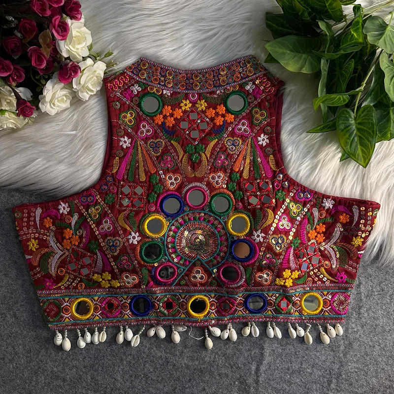 Maroon Sleeveless Navratri Mirror Work Front-Open Halter Blouse — view 2