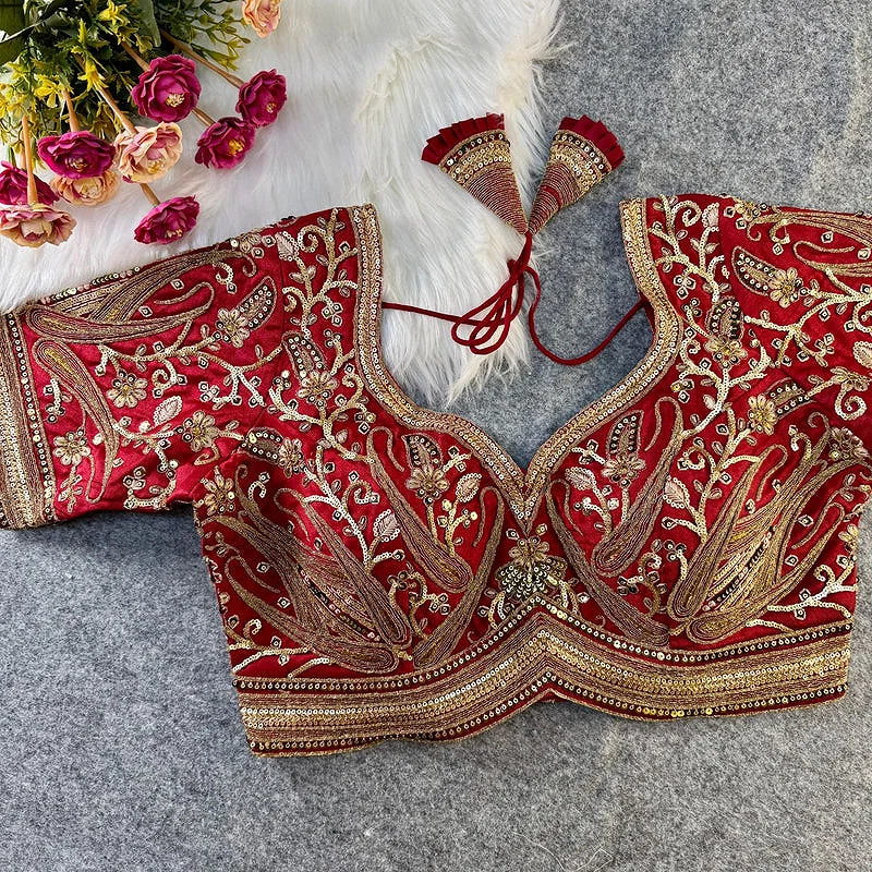 Maroon Color Heavy Apple-Cut Bridal Blouse — view 1
