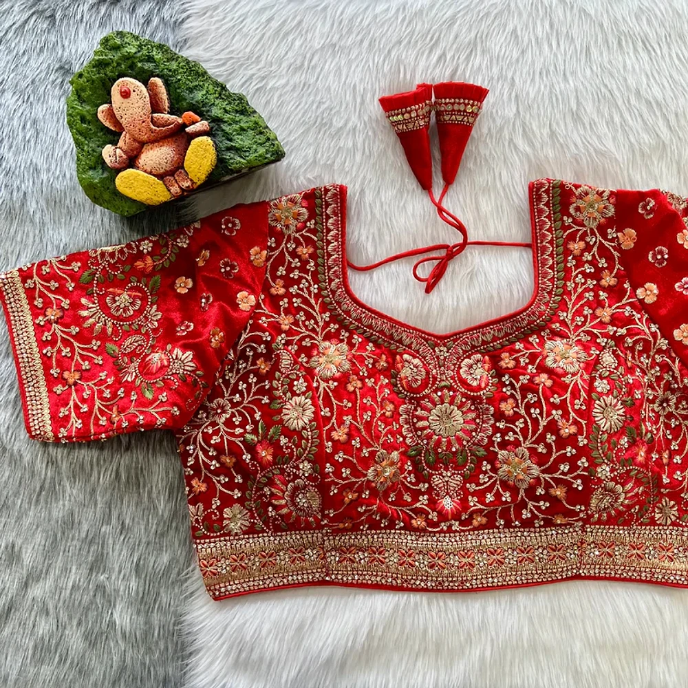 Red Color Heavy Velvet Real Diamond Work Blouse — view 1