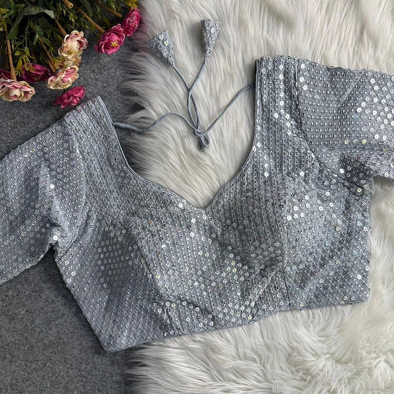 Gray Georgette Sequence Work Blouse for Navratri — view 1