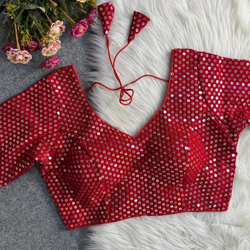 Red Georgette Sequence Work Blouse for Navratri — view 1