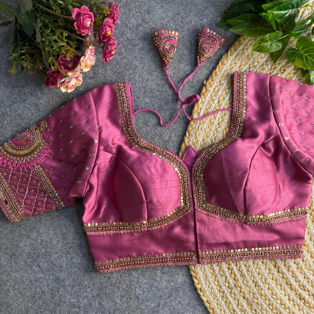 Pink Color Italian Silk Blouse with Heavy Beads and Sequence Work 
