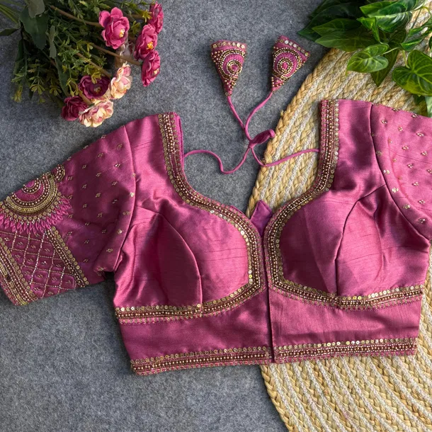 Pink Color Italian Silk Blouse with Heavy Beads and Sequence Work 