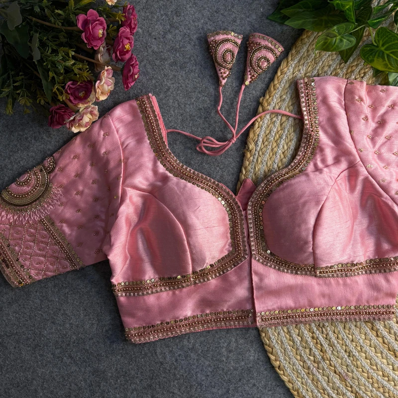 Baby Pink Color Italian Silk Blouse with Heavy Beads and Sequence Work 