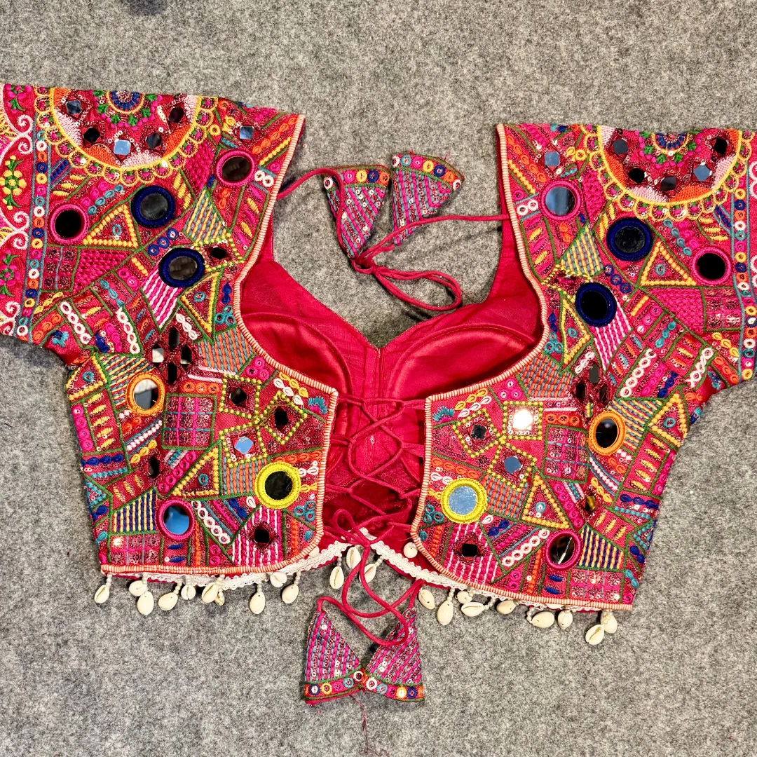 Rani Color Silk Heavy Multi-Thread Mirror Work Navratri Blouse