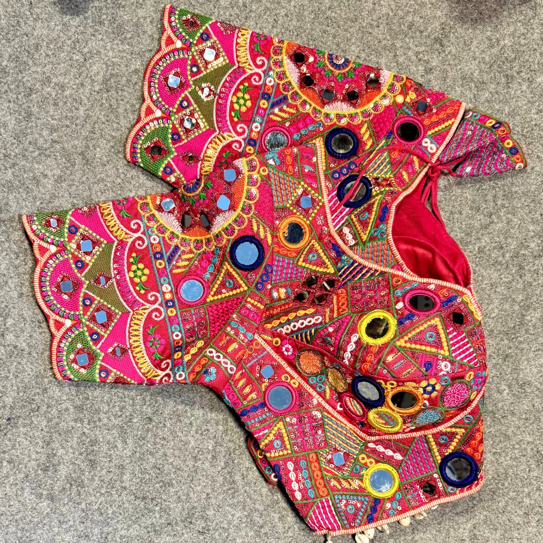 Rani Color Silk Heavy Multi-Thread Mirror Work Navratri Blouse