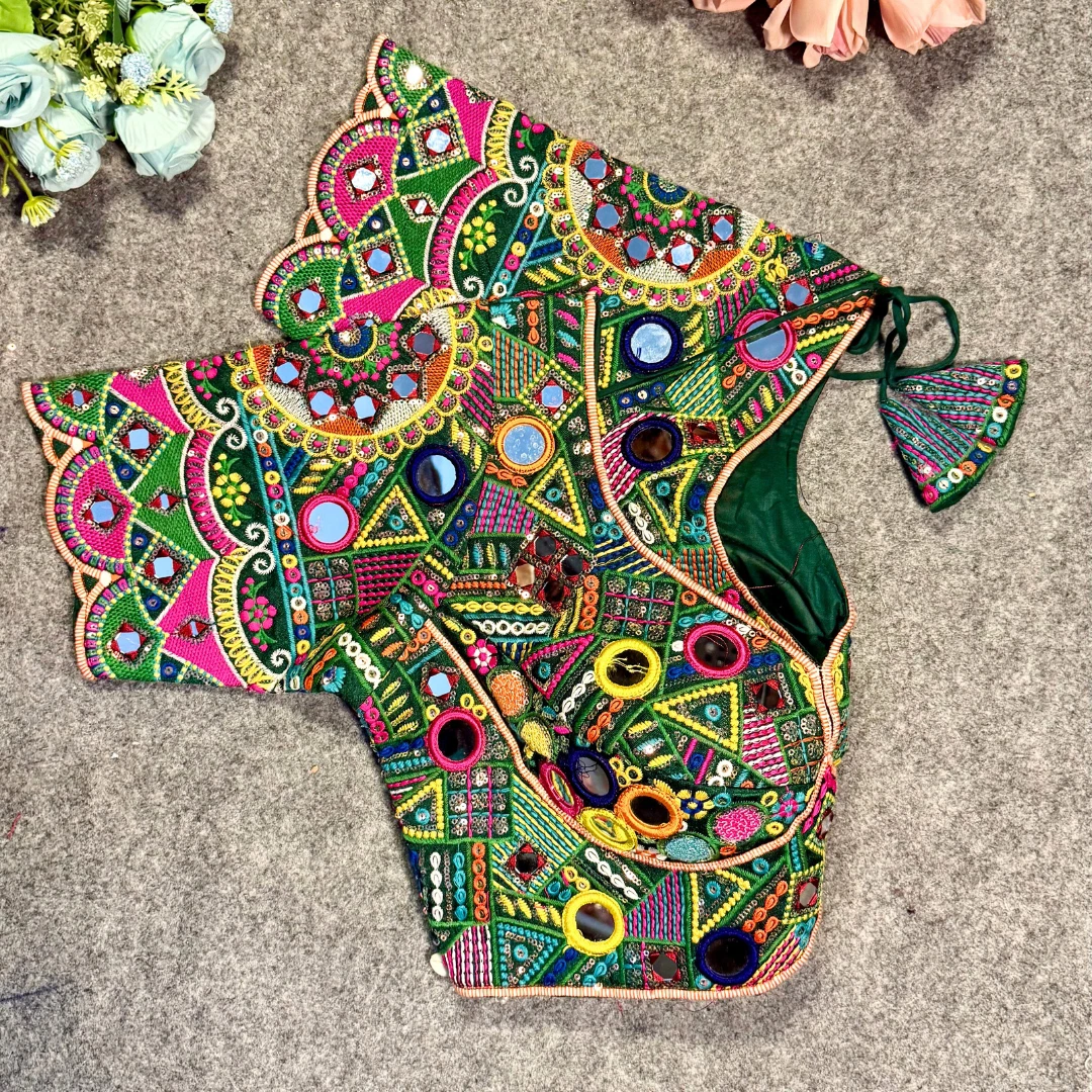 Bottle Green Color Silk Heavy Multi-Thread Mirror Work Navratri Blouse