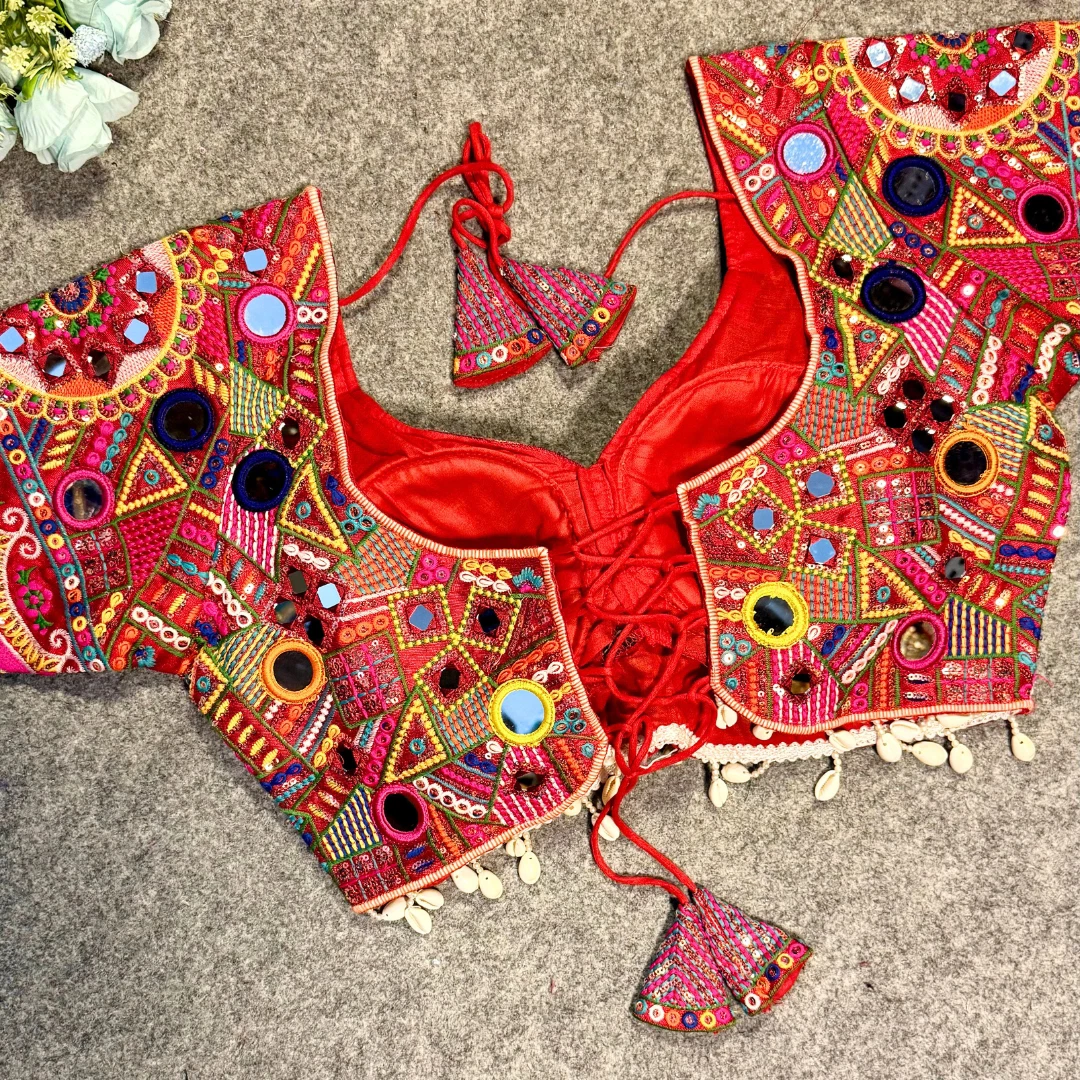 Red Color Silk Heavy Multi-Thread Mirror Work Navratri Blouse