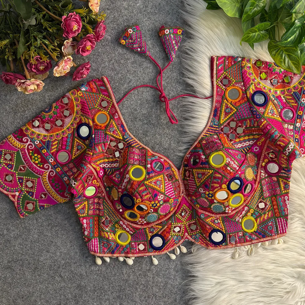 Rani Color Silk Heavy Multi-Thread Mirror Work Navratri Blouse — view 1