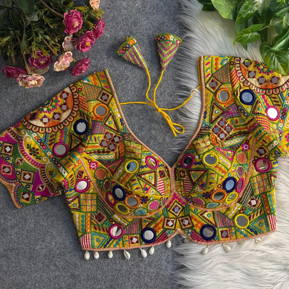 Yellow Color Silk Heavy Multi-Thread Mirror Work Navratri Blouse — view 1