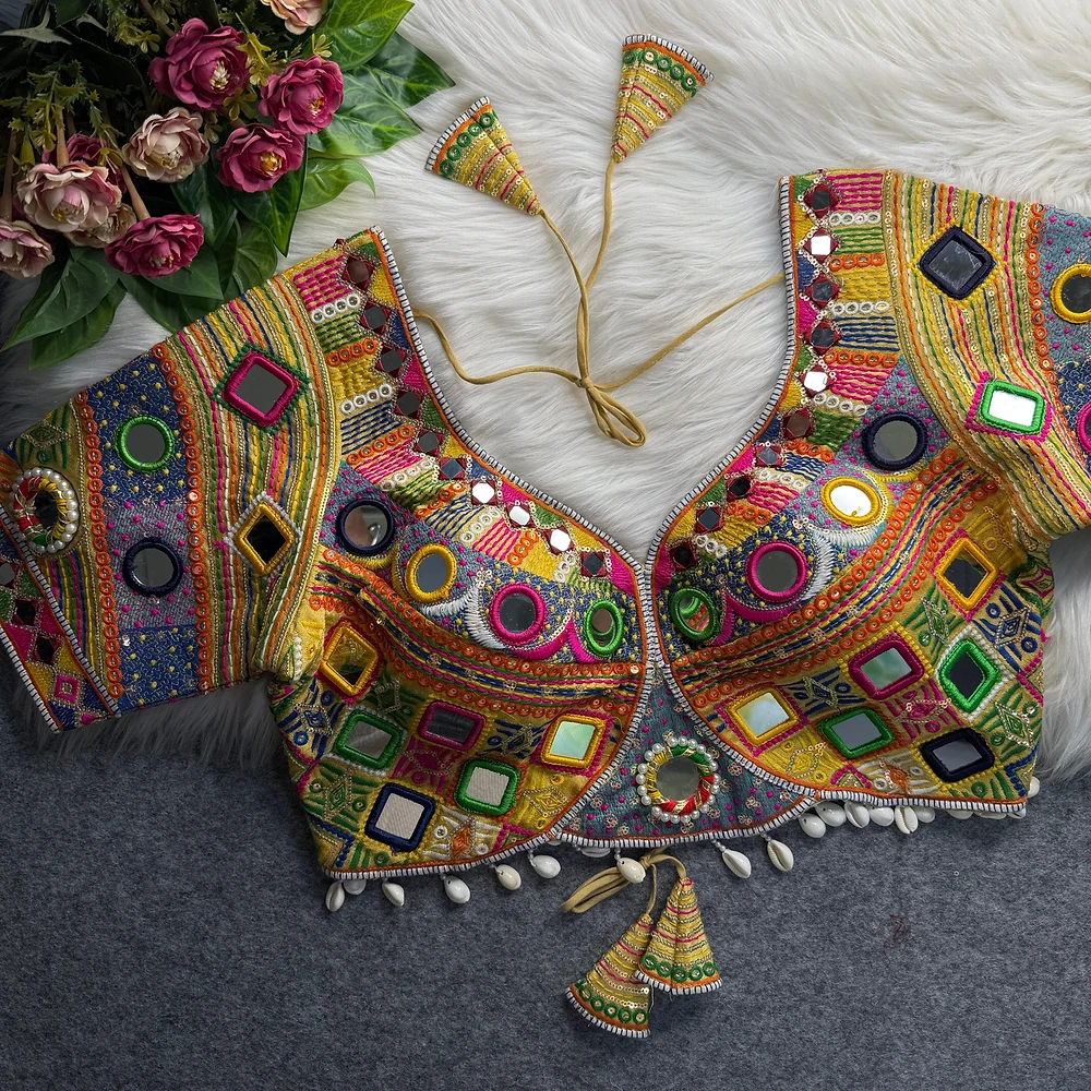 Gold Color Navratri Special Real Mirror Work Apple Cut Blouse — view 1