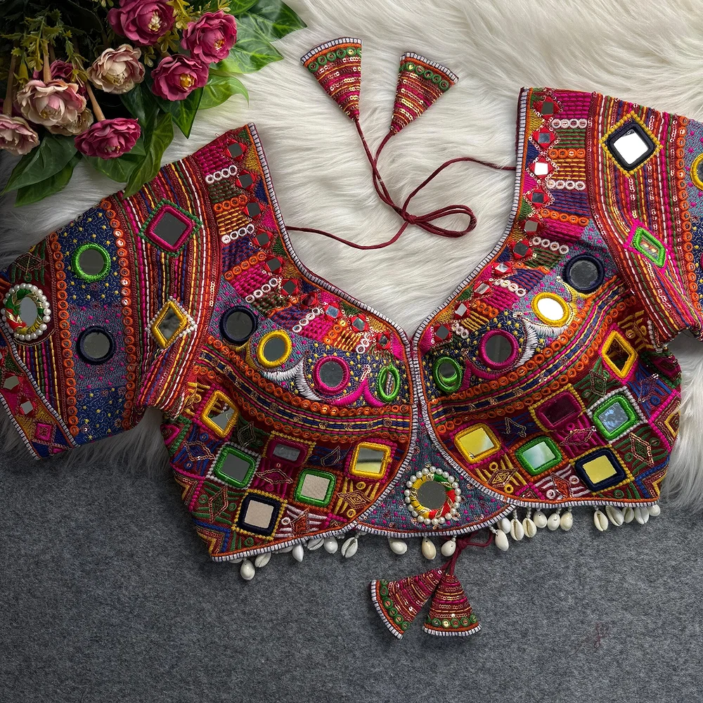 Maroon Color Navratri Special Real Mirror Work Apple Cut Blouse — view 1