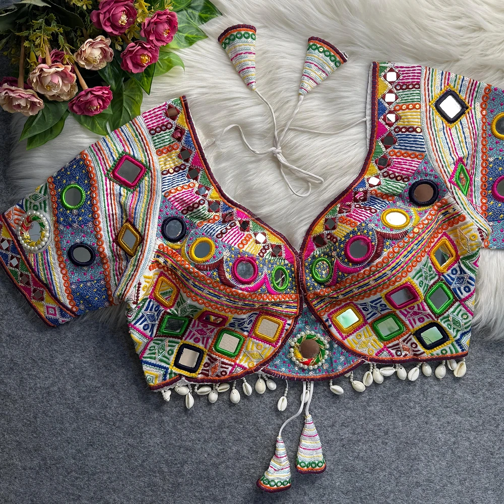 White Color Navratri Special Real Mirror Work Apple Cut Blouse — view 1