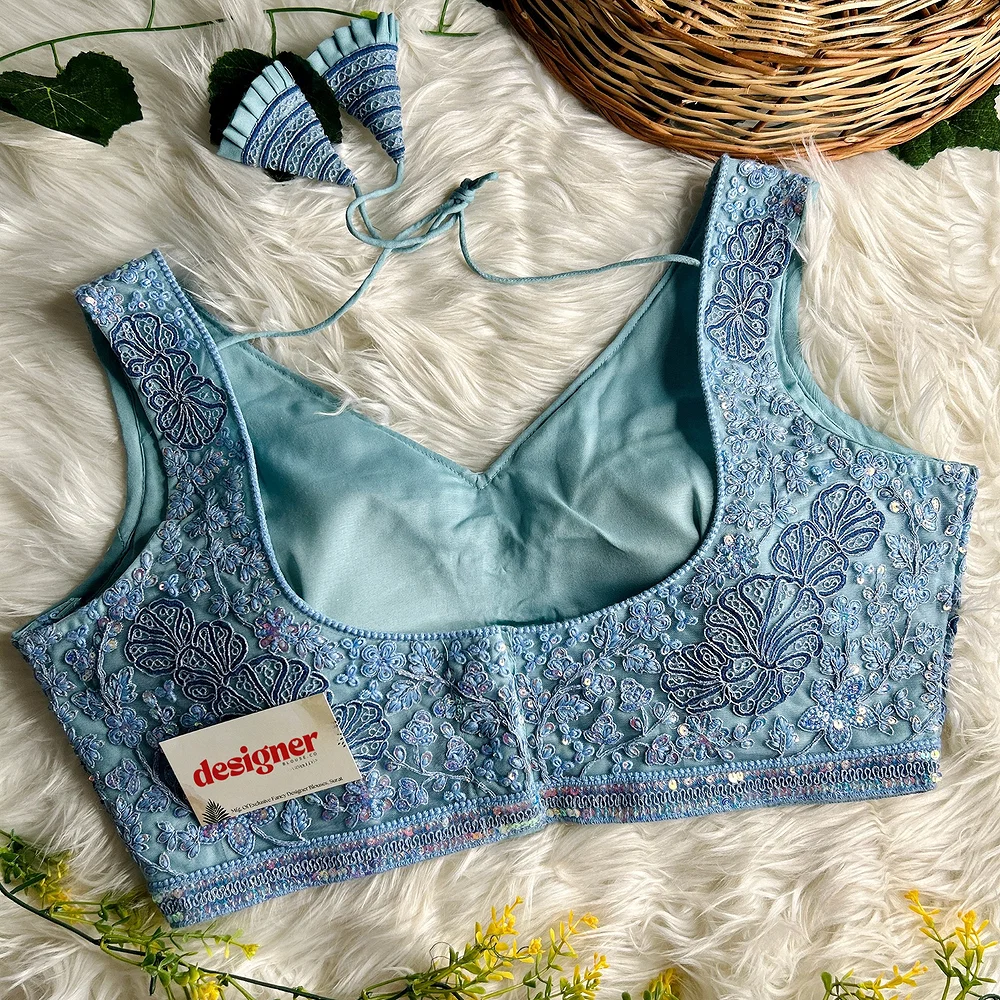 Blue Colour Designer Partywear Net Heavy Embroidery Blouse — view 2