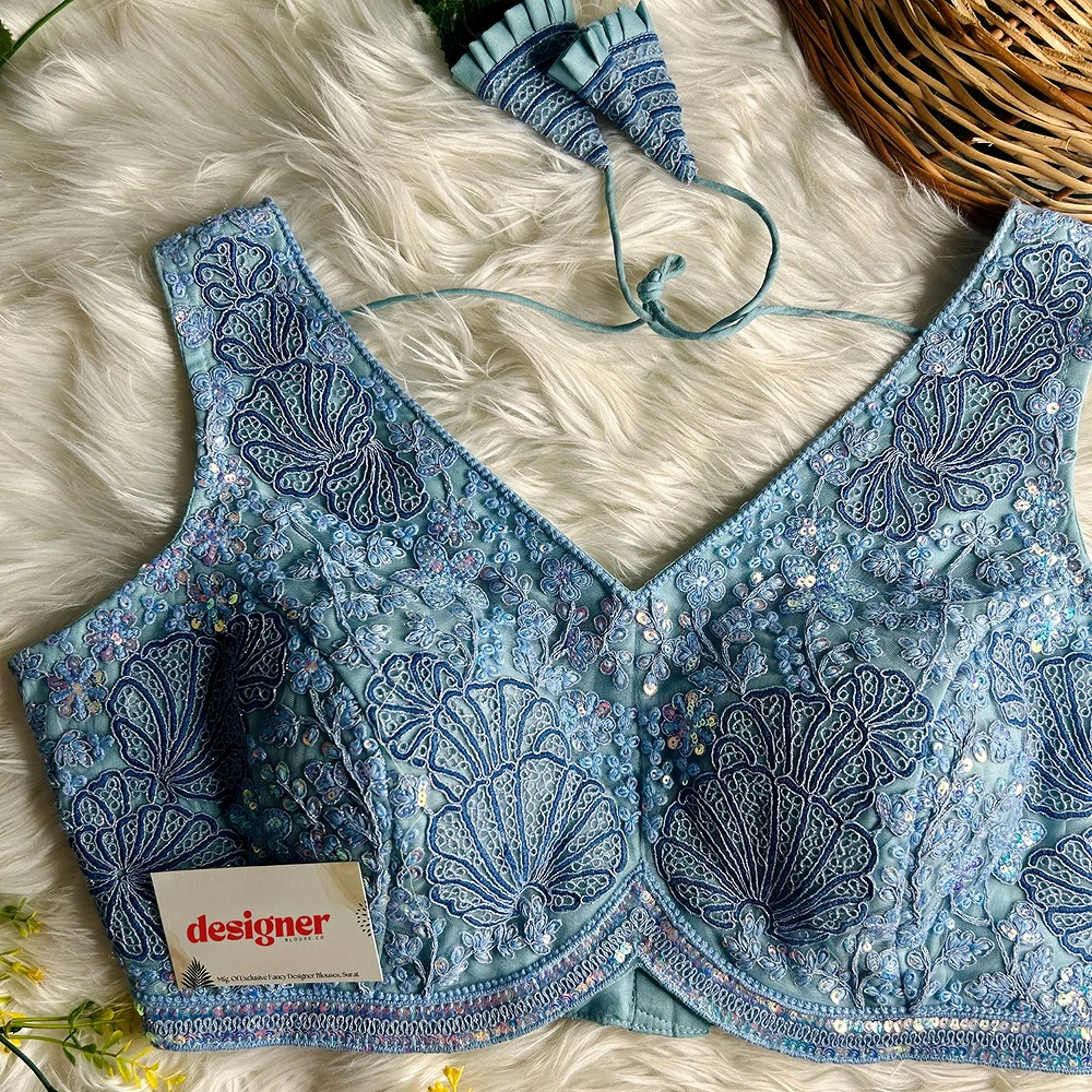 Blue Colour Designer Partywear Net Heavy Embroidery Blouse — view 3