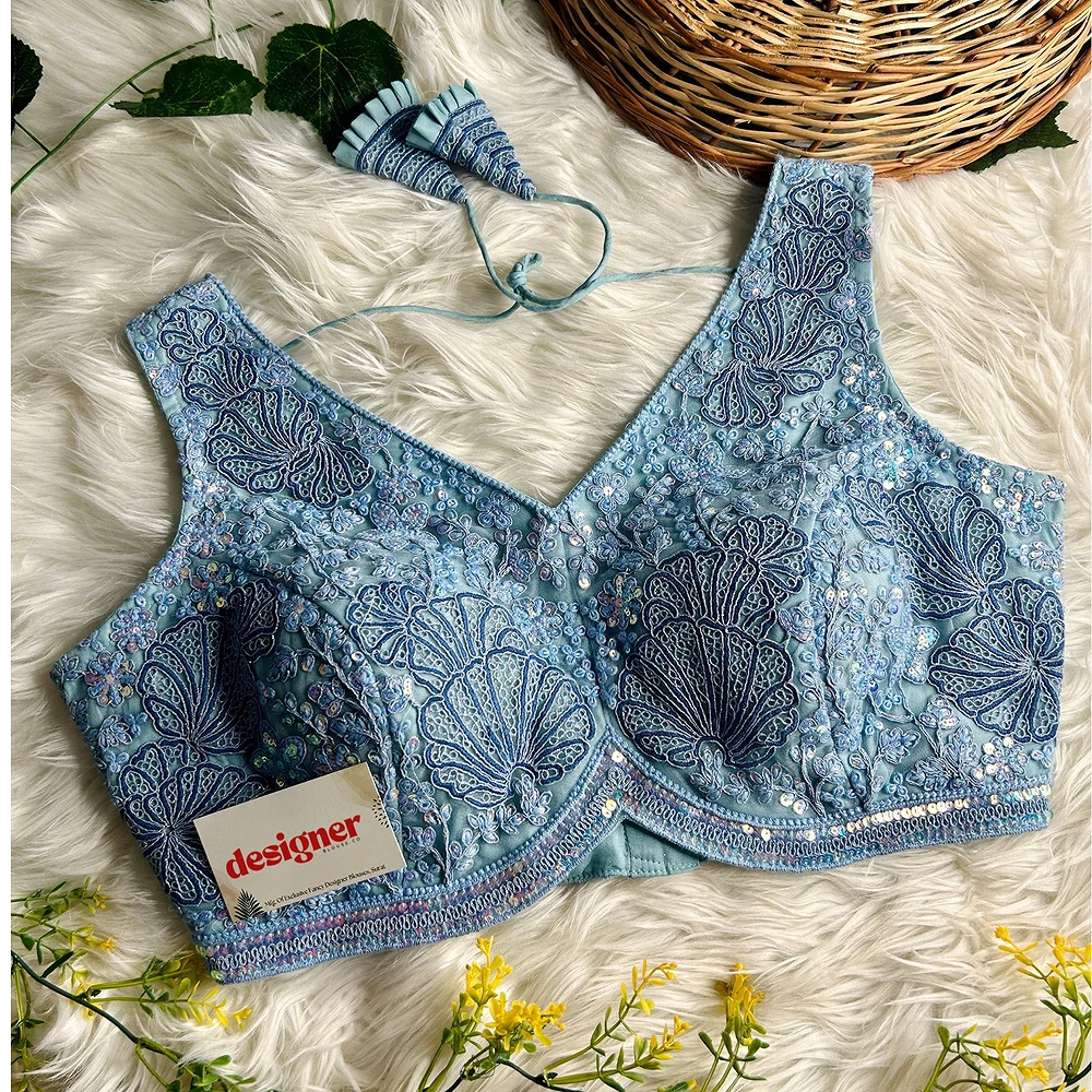 Blue Colour Designer Partywear Net Heavy Embroidery Blouse — view 4