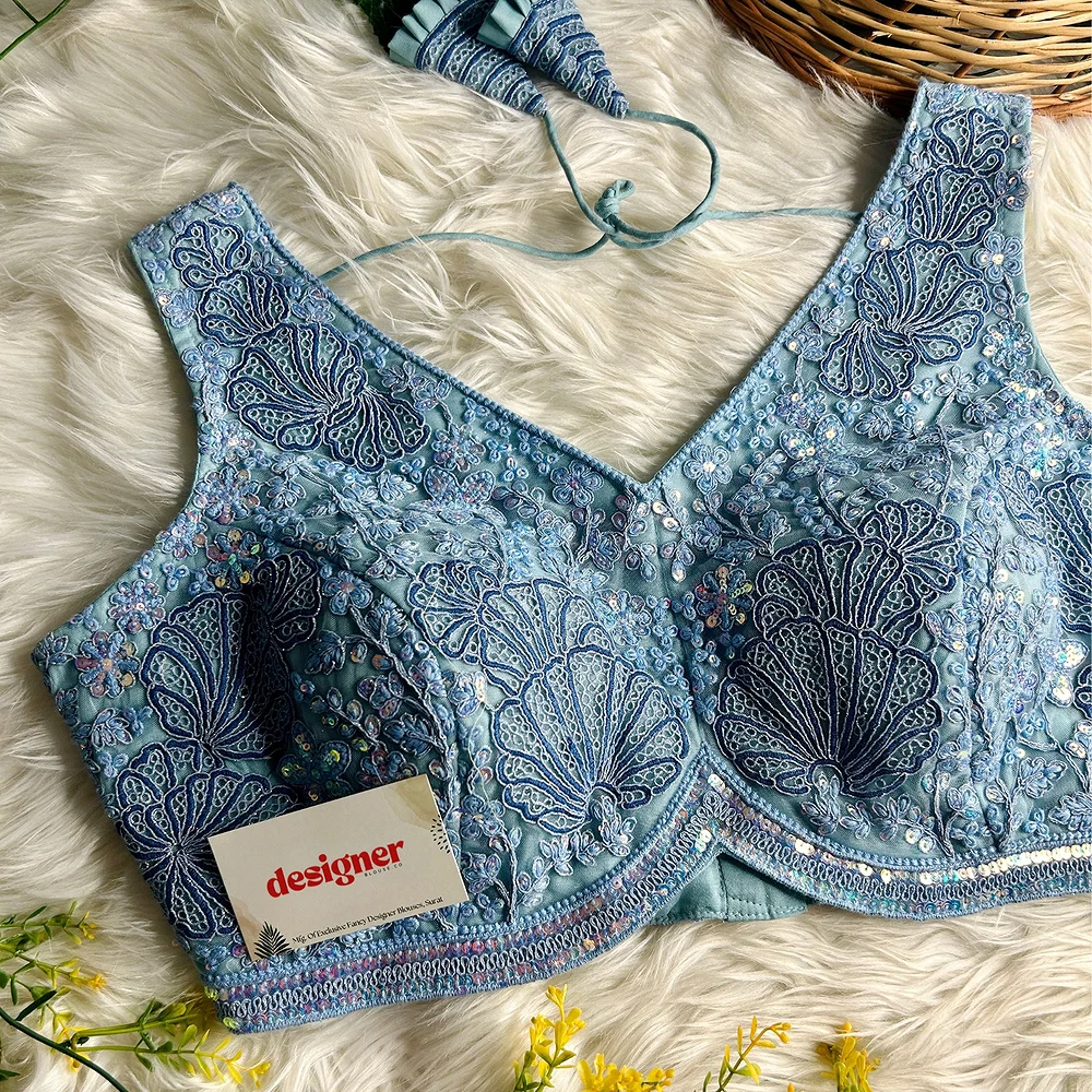 Blue Colour Designer Partywear Net Heavy Embroidery Blouse — view 1
