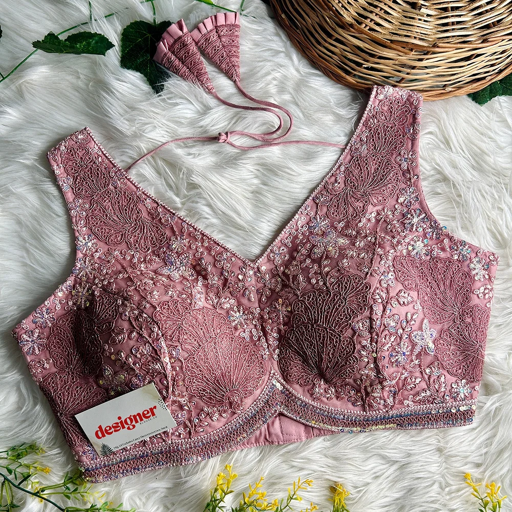 Onion Colour Designer Partywear Net Heavy Embroidery Blouse — view 1