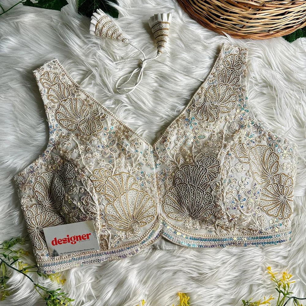 Off White Designer Partywear Net Heavy Embroidery Blouse	 — view 1