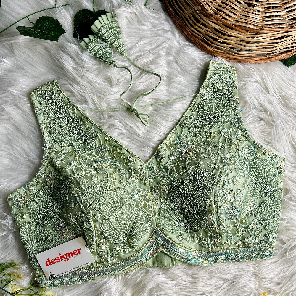 Pista Green Designer Partywear Net Heavy Embroidery Blouse	 — view 1