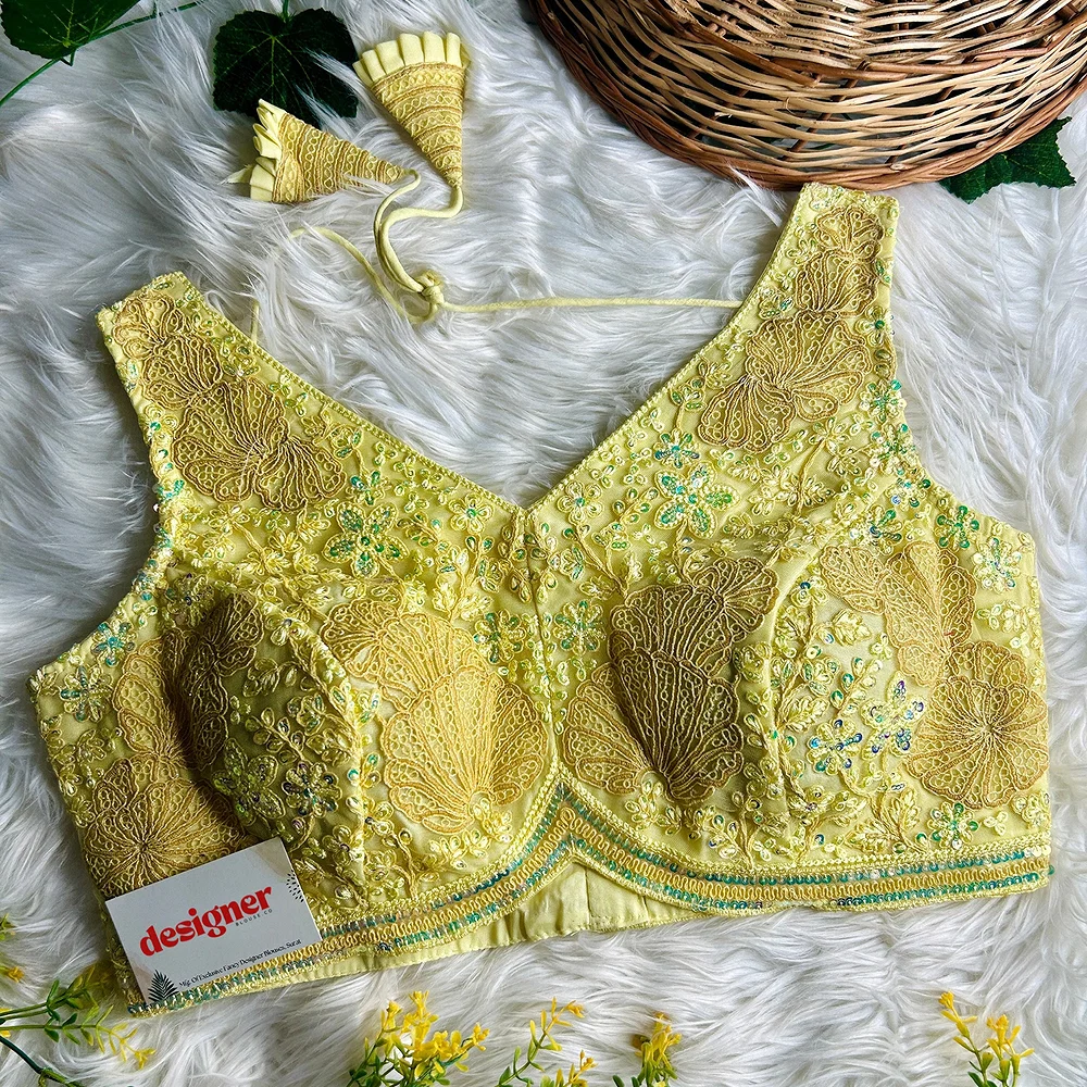 Yellow Designer Partywear Net Heavy Embroidery Blouse	 — view 1