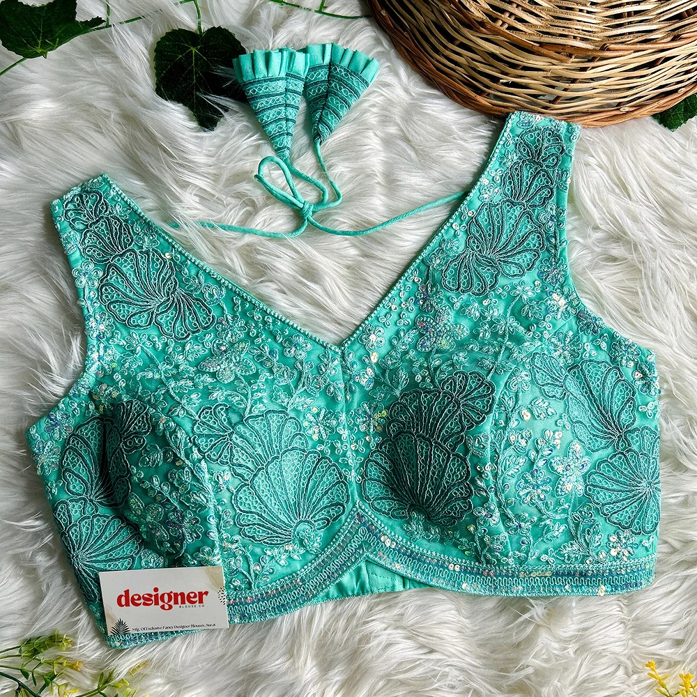 Sea Green Designer Partywear Net Heavy Embroidery Blouse	 — view 1