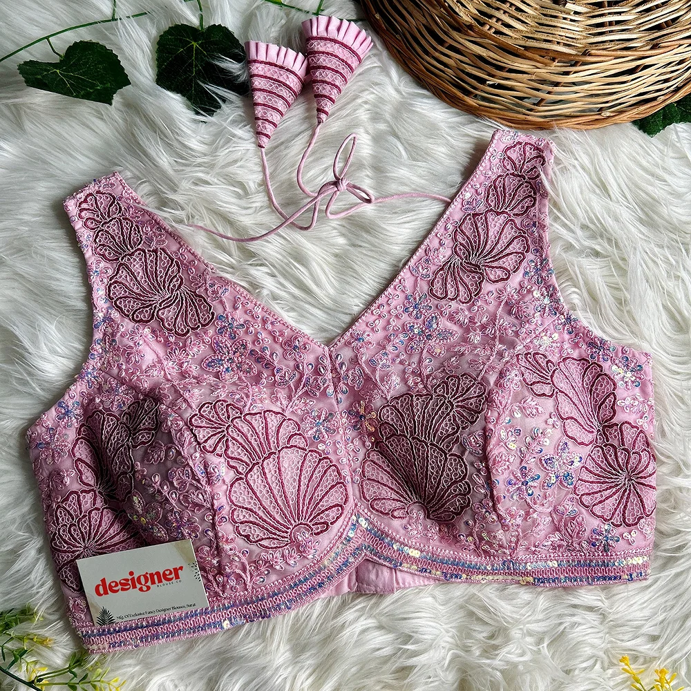 Baby Pink Designer Partywear Net Heavy Embroidery Blouse	 — view 1