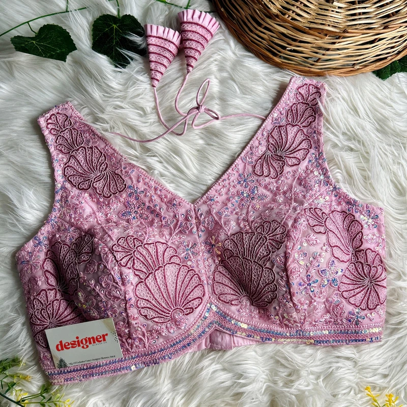 Baby Pink Designer Partywear Net Heavy Embroidery Blouse	