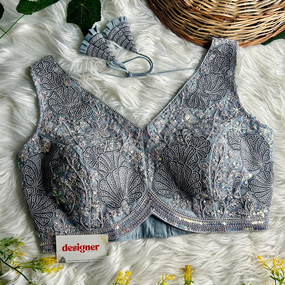 Grey Designer Partywear Net Heavy Embroidery Blouse	 — view 1