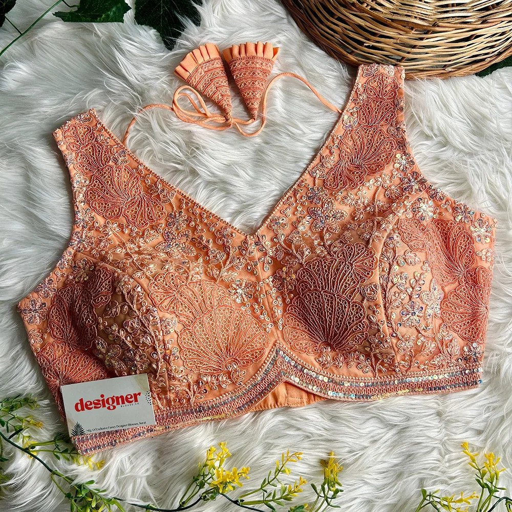 Peach Designer Partywear Net Heavy Embroidery Blouse	 — view 1