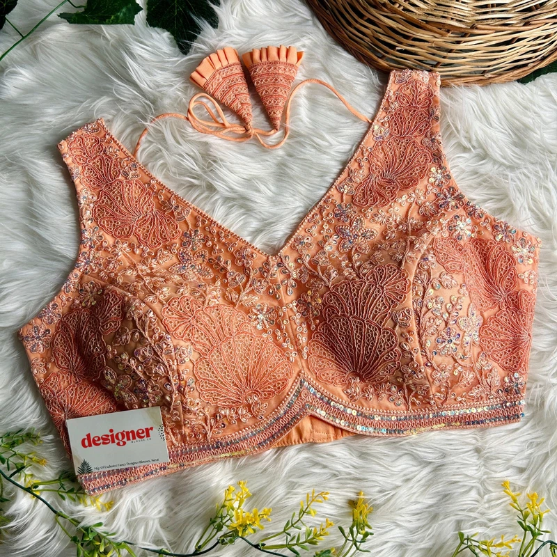Peach Designer Partywear Net Heavy Embroidery Blouse	