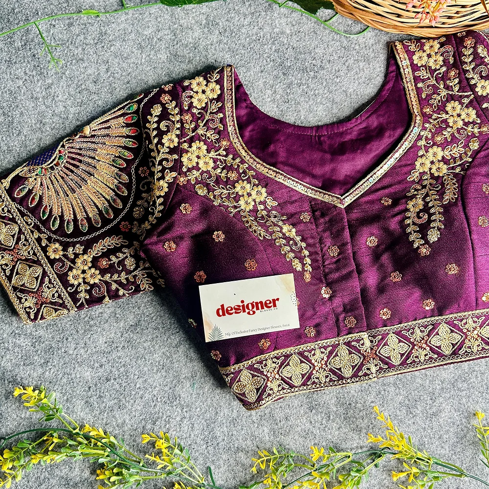 Wine Color Heavy Long Stitch Apple-Cut Cording Work Blouse — view 1